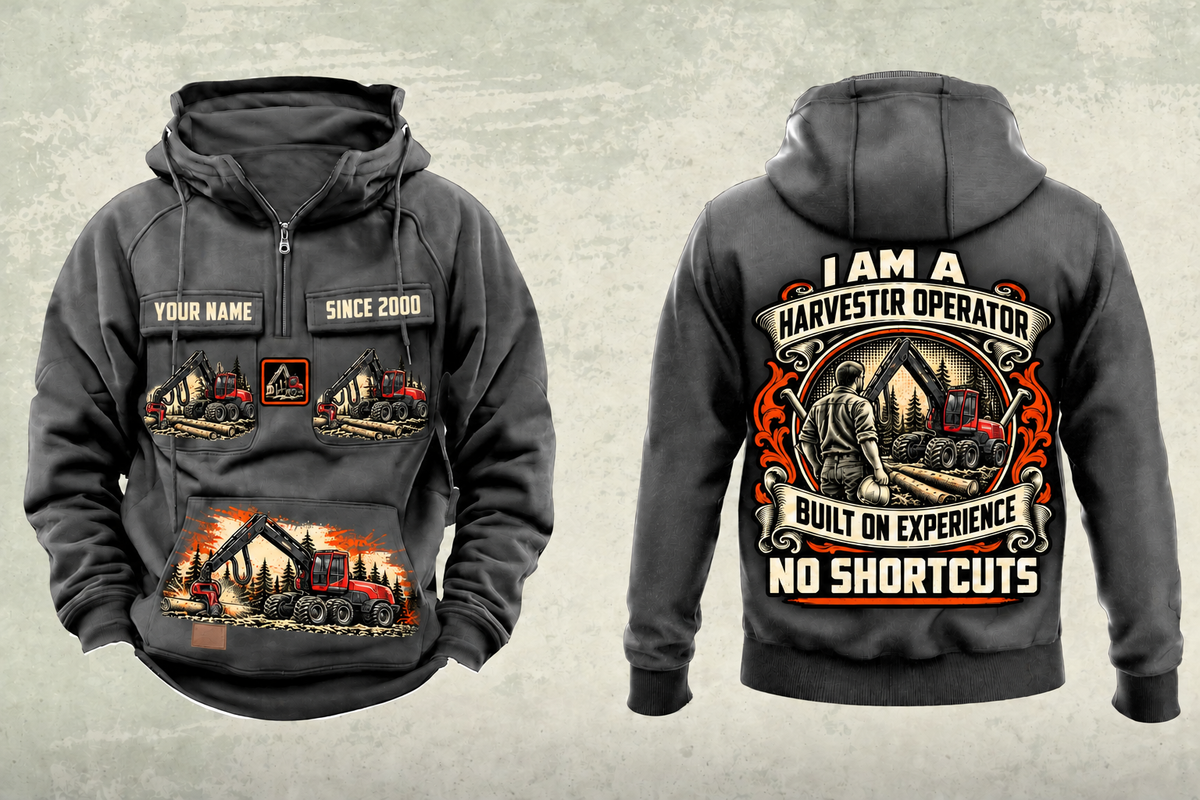 Personalized Komatsu 931 Harvester Operator Vintage Hoodie in dark-gray, front and back artwork with YOUR NAME and SINCE 2000 sample text.