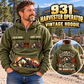 Personalized Komatsu 931 Harvester Operator Vintage Hoodie in Military Green, front and back artwork with YOUR NAME and SINCE 2000 sample text.