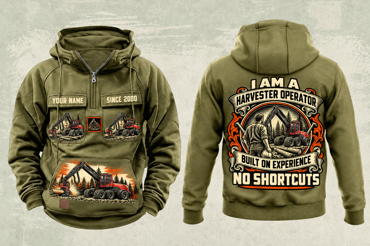Personalized Komatsu 931 Harvester Operator Vintage Hoodie in military-green, front and back artwork with YOUR NAME and SINCE 2000 sample text.