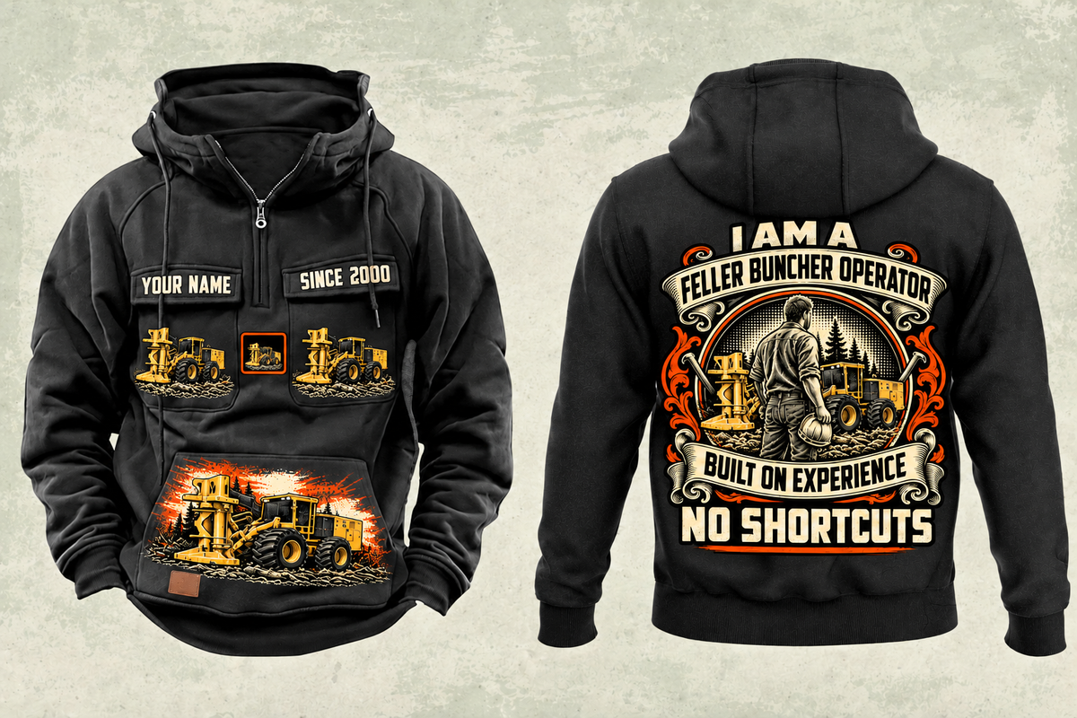 Personalized Tigercat 720H Feller Buncher Operator Vintage Hoodie in black, front and back artwork with YOUR NAME and SINCE 2000 sample text.