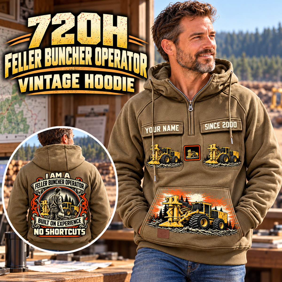 Personalized Tigercat 720H Feller Buncher Operator Vintage Hoodie in Kaki, front and back artwork with YOUR NAME and SINCE 2000 sample text.