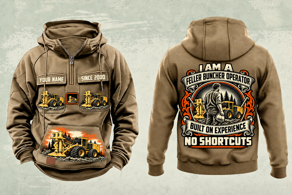Personalized Tigercat 720H Feller Buncher Operator Vintage Hoodie in kaki, front and back artwork with YOUR NAME and SINCE 2000 sample text.