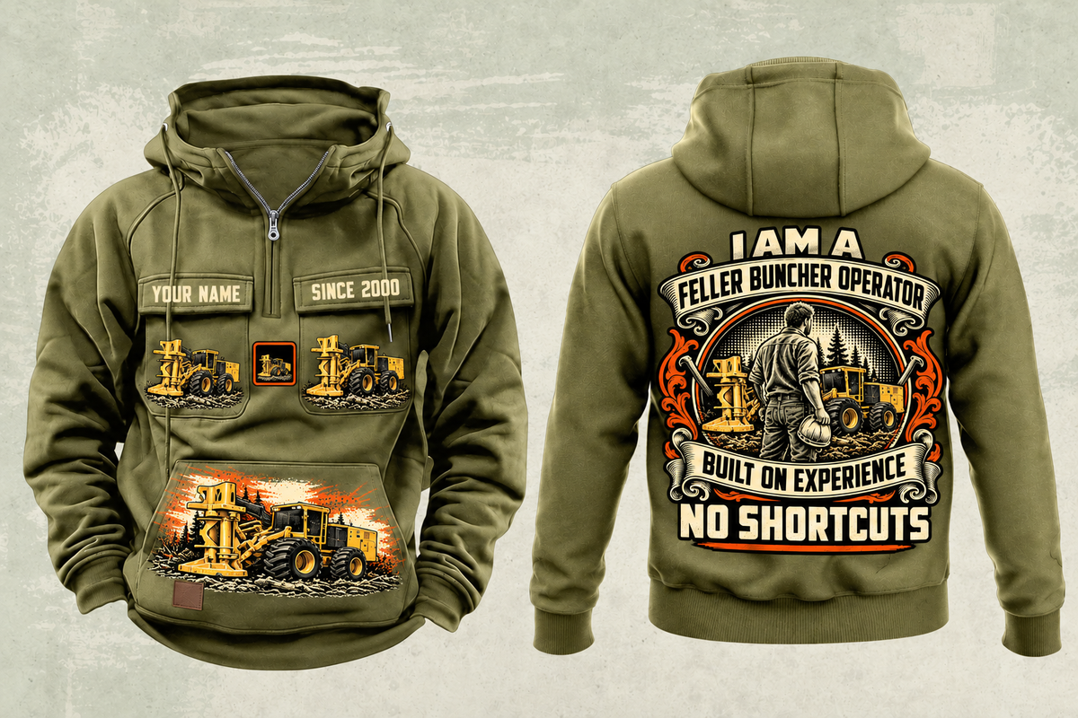 Personalized Tigercat 720H Feller Buncher Operator Vintage Hoodie in military-green, front and back artwork with YOUR NAME and SINCE 2000 sample text.