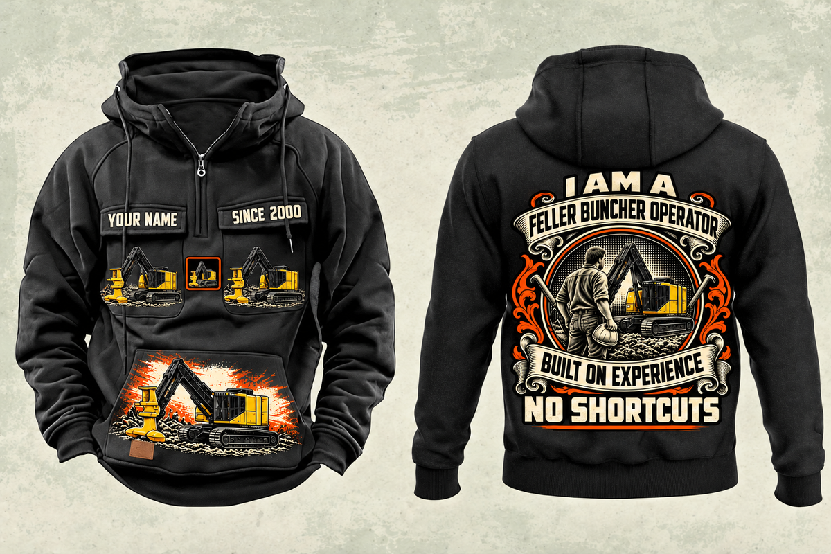 Personalized Tigercat 822E Feller Buncher Operator Vintage Hoodie in black, front and back artwork with YOUR NAME and SINCE 2000 sample text.
