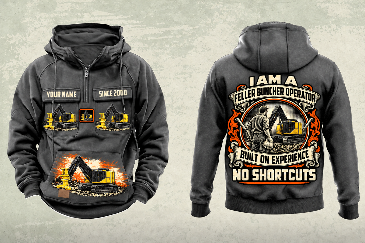 Personalized Tigercat 822E Feller Buncher Operator Vintage Hoodie in dark-gray, front and back artwork with YOUR NAME and SINCE 2000 sample text.