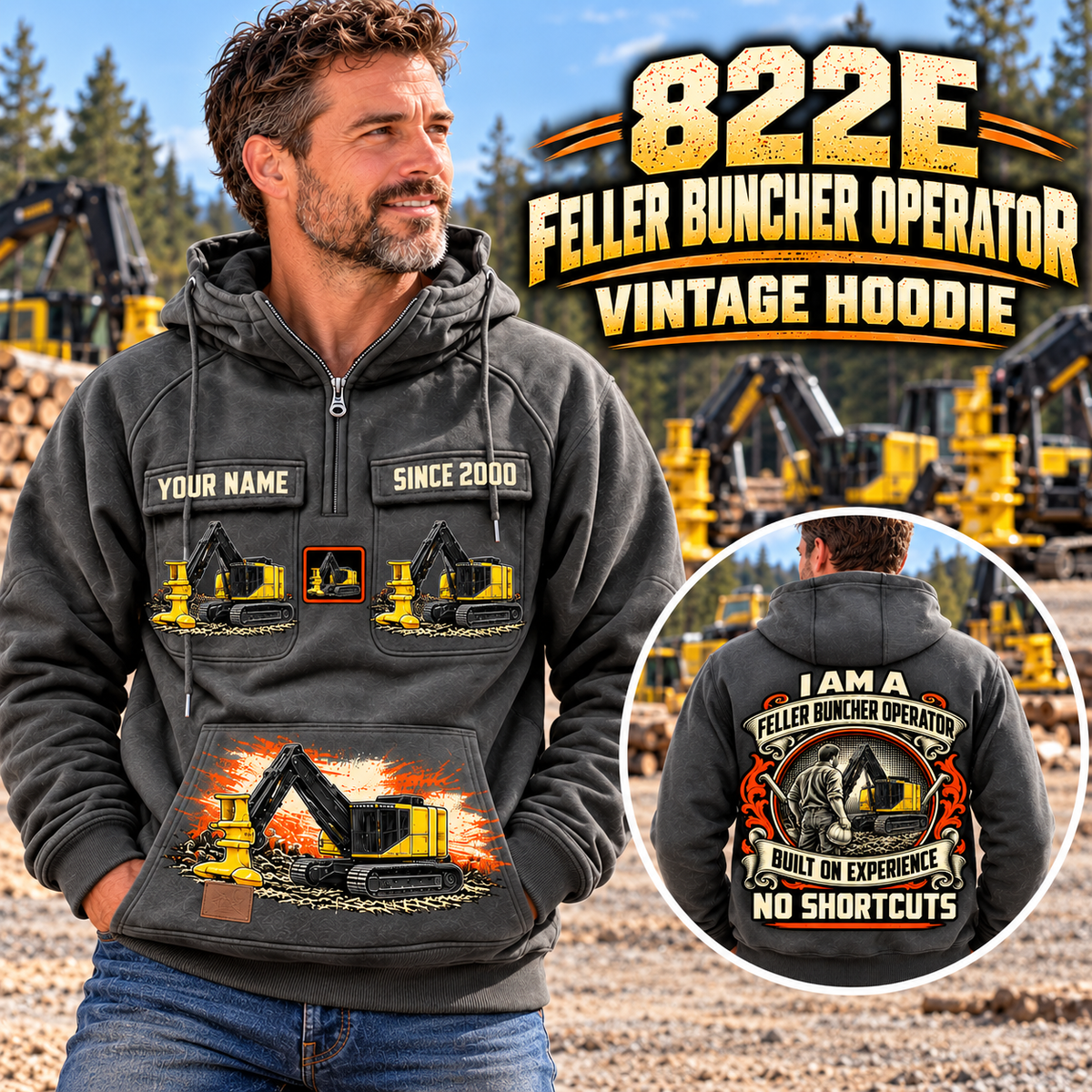 Personalized Tigercat 822E Feller Buncher Operator Vintage Hoodie in Dark Gray, front and back artwork with YOUR NAME and SINCE 2000 sample text.