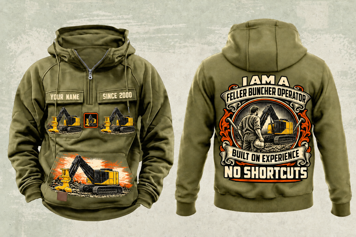 Personalized Tigercat 822E Feller Buncher Operator Vintage Hoodie in military-green, front and back artwork with YOUR NAME and SINCE 2000 sample text.