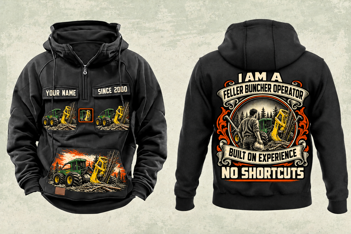 Personalized John Deere 643L-II Feller Buncher Operator Vintage Hoodie in black, front and back artwork with YOUR NAME and SINCE 2000 sample text.