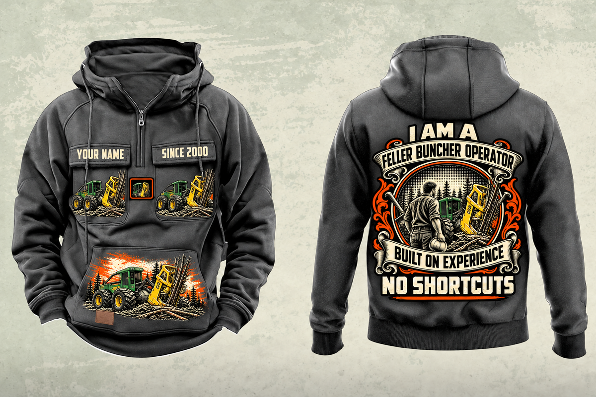 Personalized John Deere 643L-II Feller Buncher Operator Vintage Hoodie in dark-gray, front and back artwork with YOUR NAME and SINCE 2000 sample text.