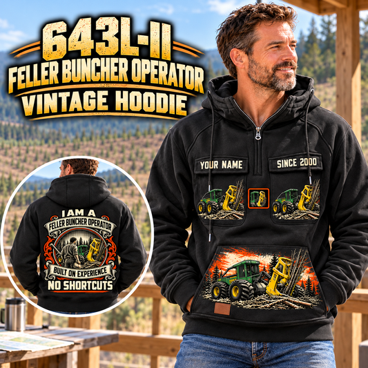 Personalized John Deere 643L-II Feller Buncher Operator Vintage Hoodie in Black, front and back artwork with YOUR NAME and SINCE 2000 sample text.