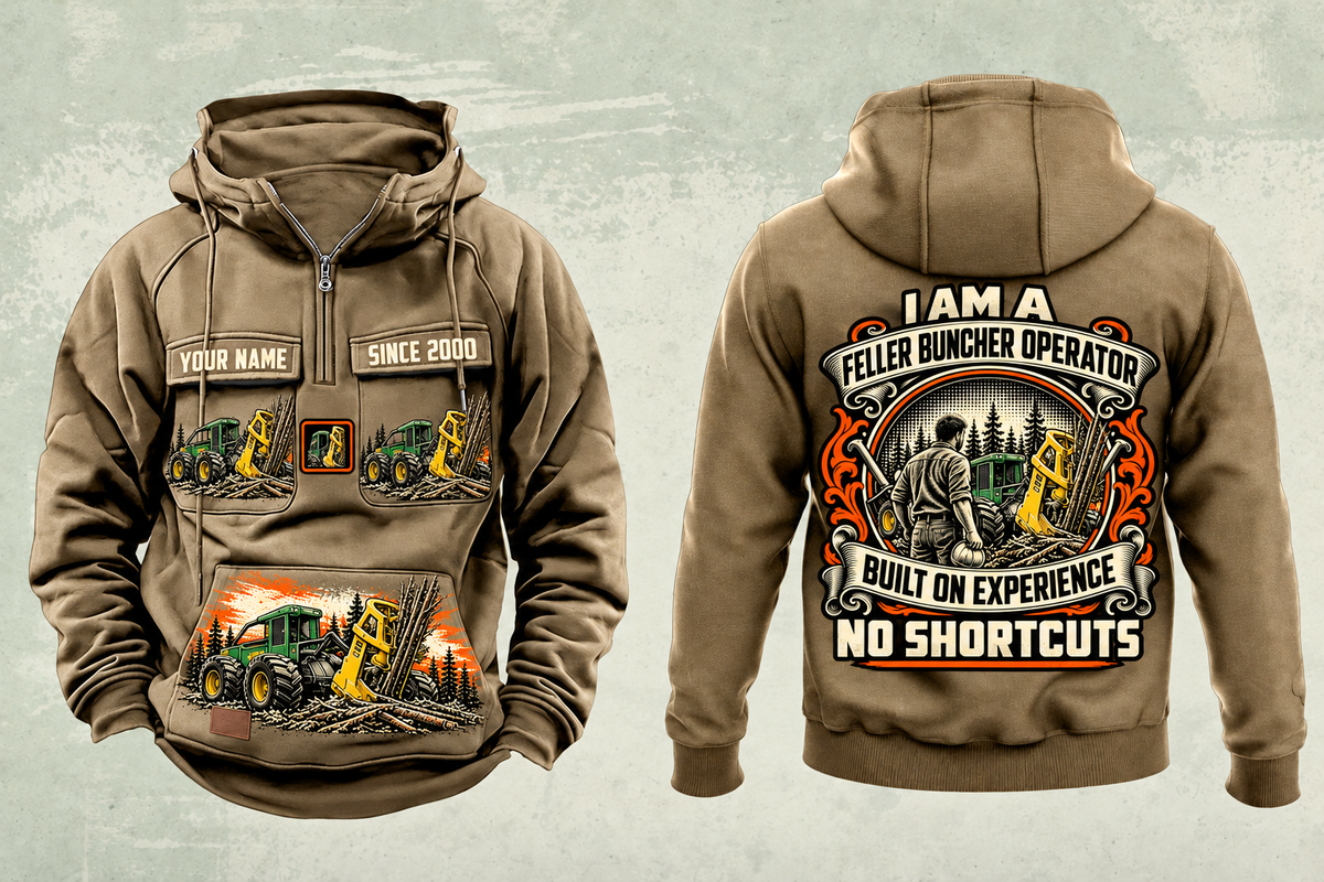 Personalized John Deere 643L-II Feller Buncher Operator Vintage Hoodie in kaki, front and back artwork with YOUR NAME and SINCE 2000 sample text.