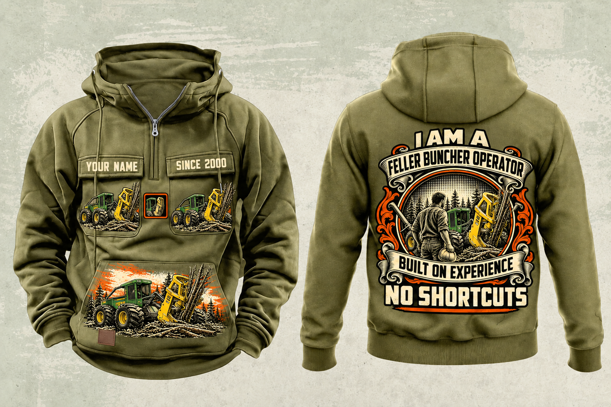Personalized John Deere 643L-II Feller Buncher Operator Vintage Hoodie in military-green, front and back artwork with YOUR NAME and SINCE 2000 sample text.