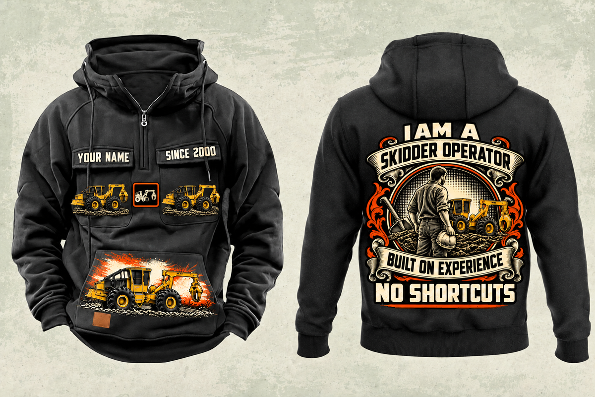 Personalized Tigercat 620H Skidder Operator Vintage Hoodie in black, front and back artwork with YOUR NAME and SINCE 2000 sample text.