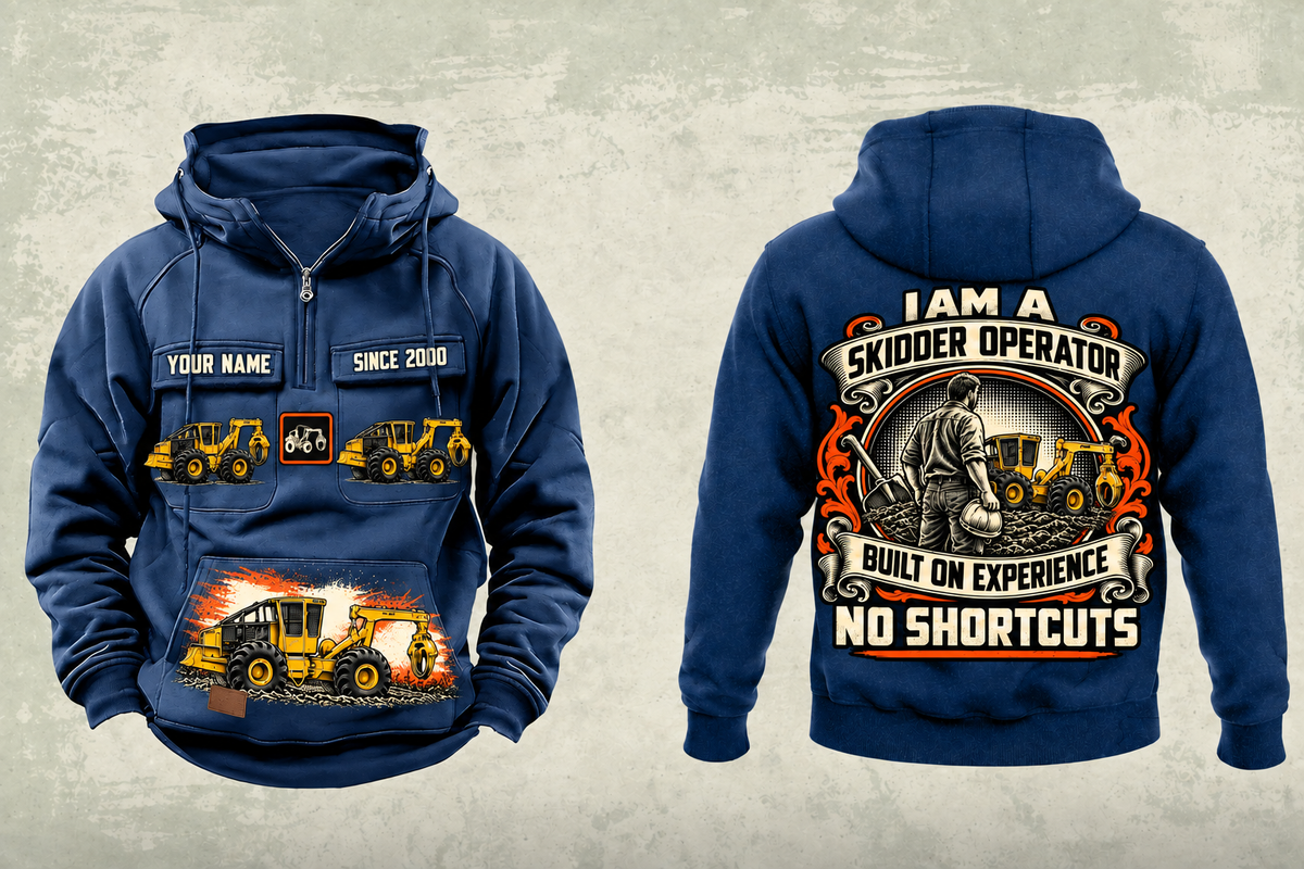 Personalized Tigercat 620H Skidder Operator Vintage Hoodie in dark-blue, front and back artwork with YOUR NAME and SINCE 2000 sample text.