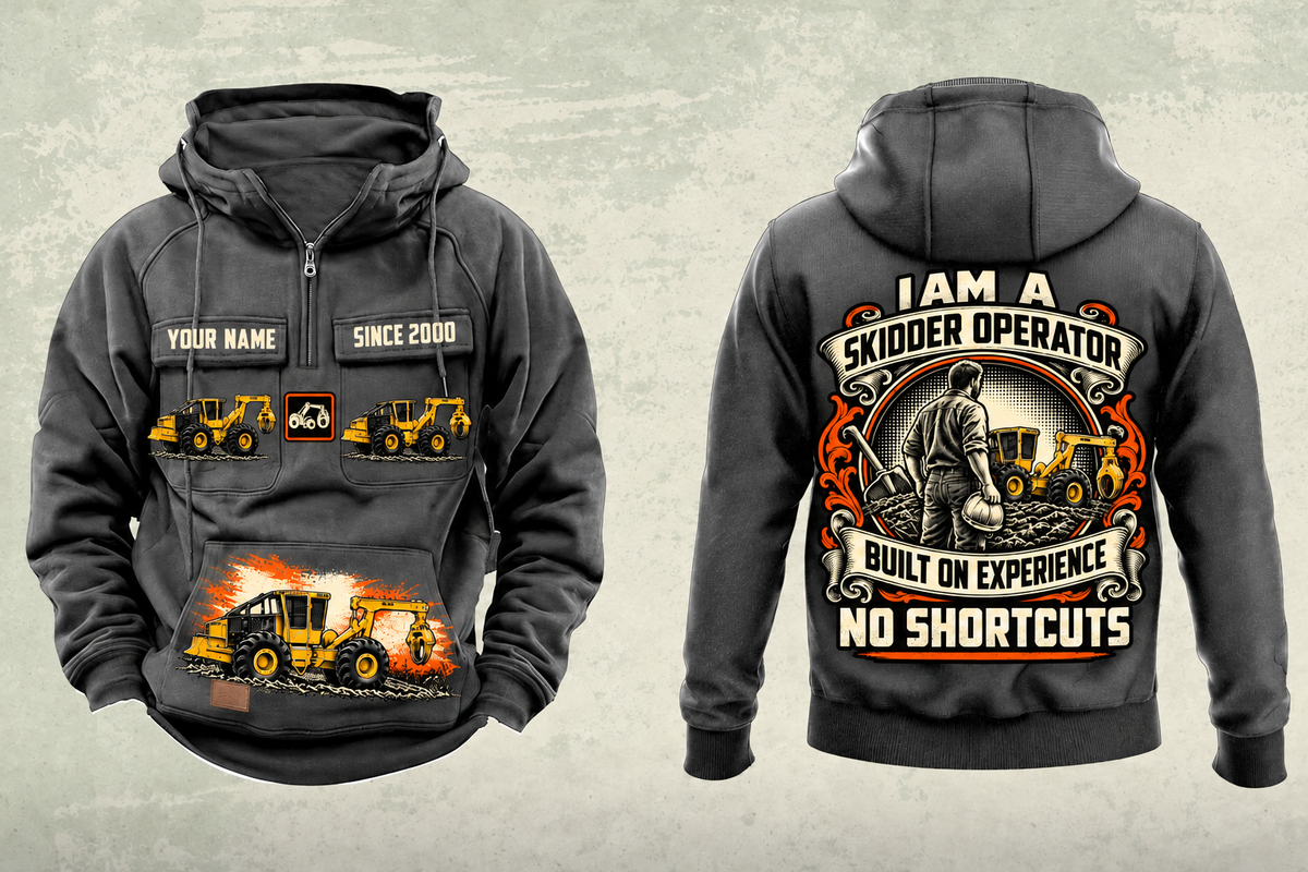 Personalized Tigercat 620H Skidder Operator Vintage Hoodie in dark-gray, front and back artwork with YOUR NAME and SINCE 2000 sample text.
