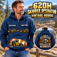 Personalized Tigercat 620H Skidder Operator Vintage Hoodie in Dark Blue, front and back artwork with YOUR NAME and SINCE 2000 sample text.
