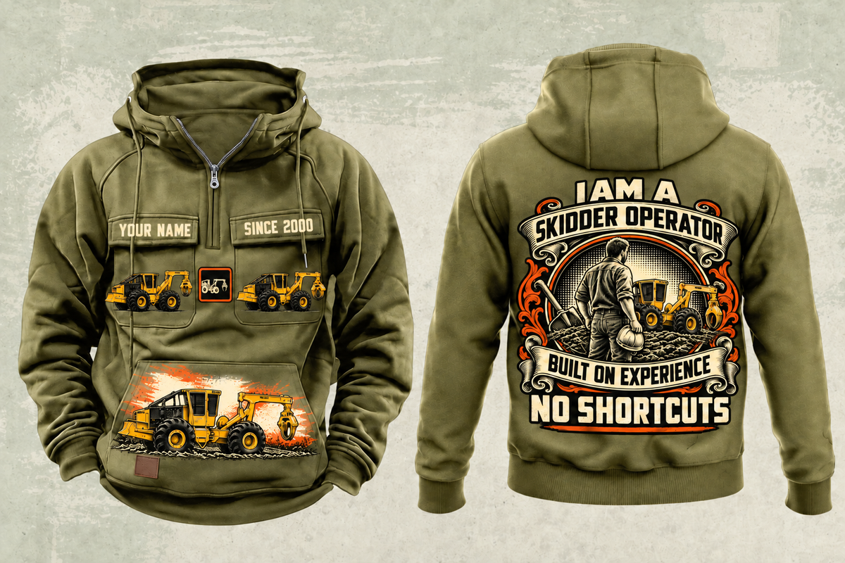Personalized Tigercat 620H Skidder Operator Vintage Hoodie in military-green, front and back artwork with YOUR NAME and SINCE 2000 sample text.