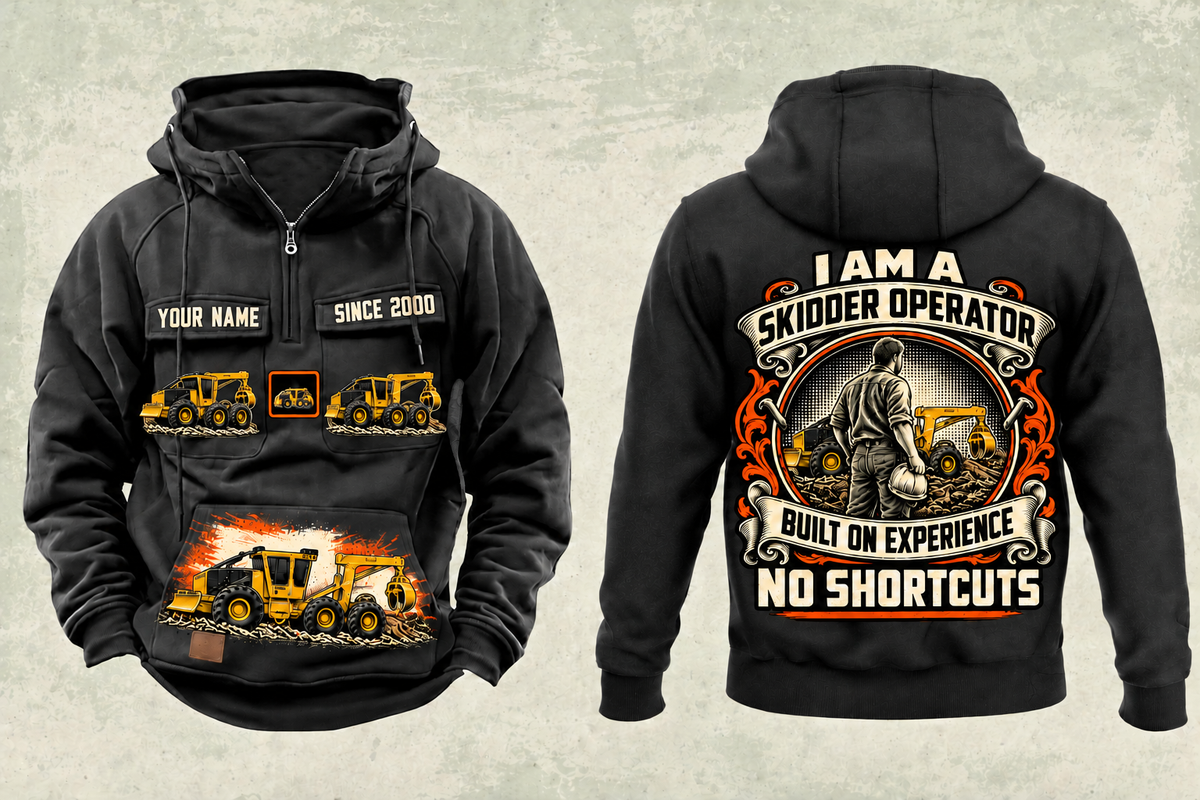 Personalized Tigercat 635H Skidder Operator Vintage Hoodie in black, front and back artwork with YOUR NAME and SINCE 2000 sample text.