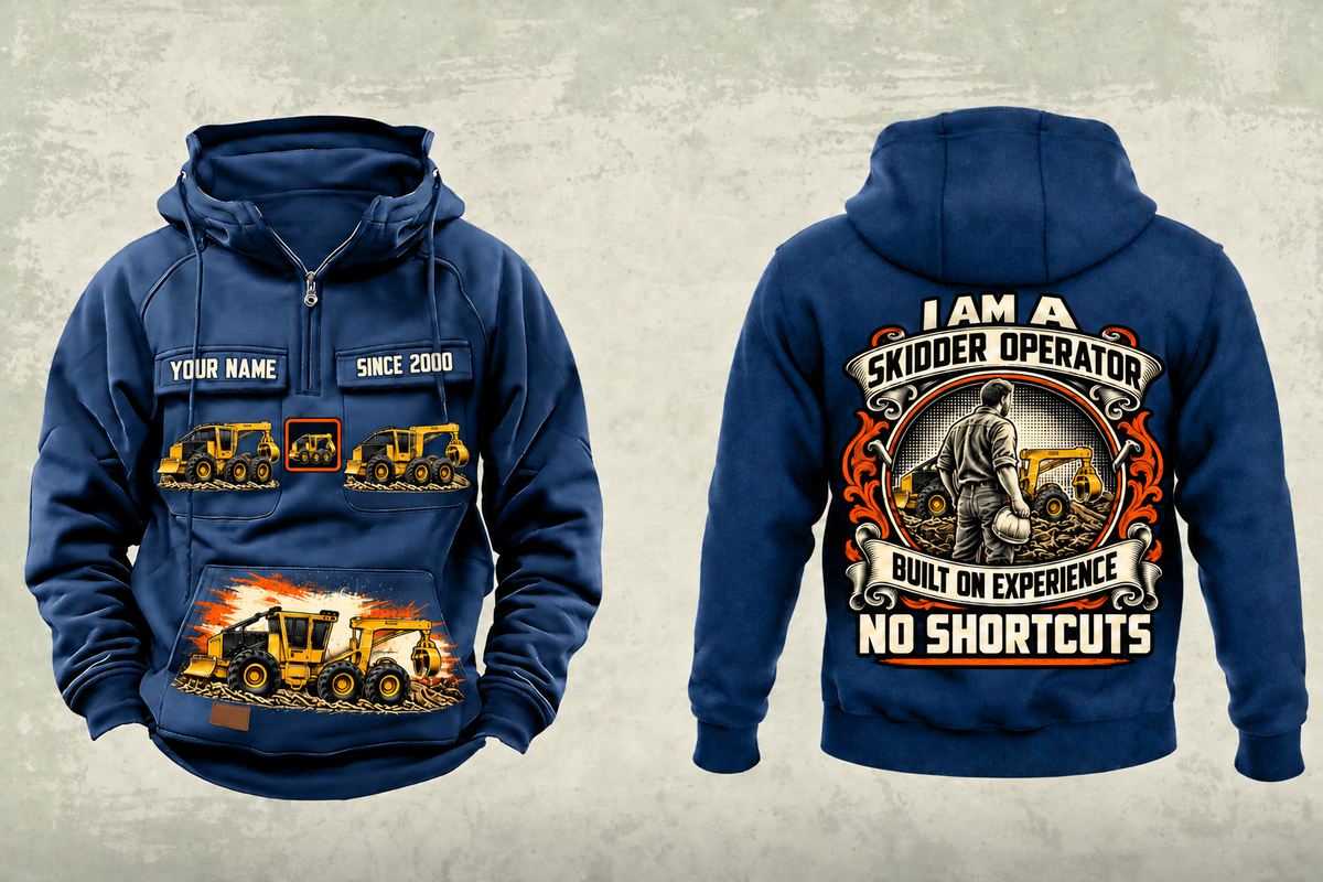 Personalized Tigercat 635H Skidder Operator Vintage Hoodie in dark-blue, front and back artwork with YOUR NAME and SINCE 2000 sample text.