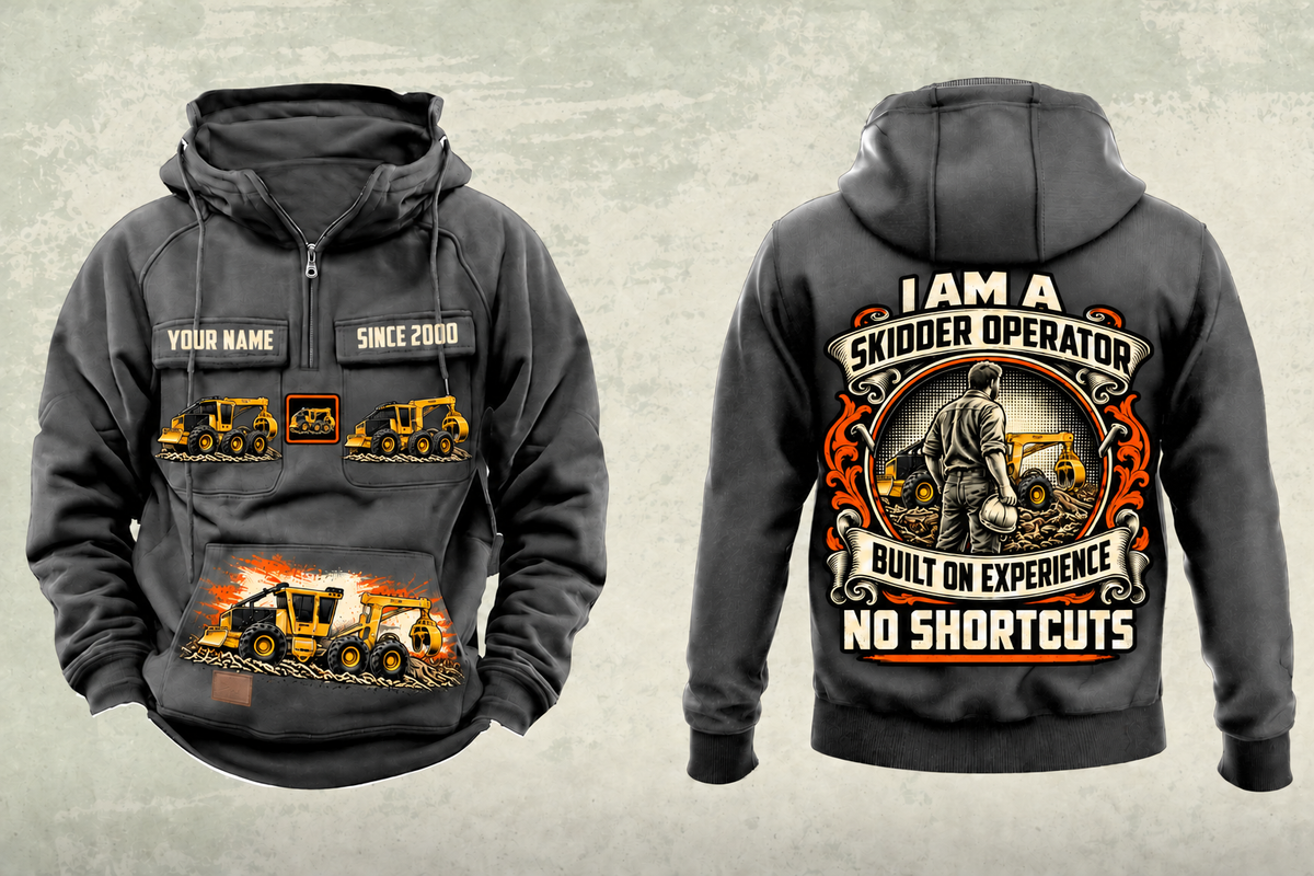 Personalized Tigercat 635H Skidder Operator Vintage Hoodie in dark-gray, front and back artwork with YOUR NAME and SINCE 2000 sample text.