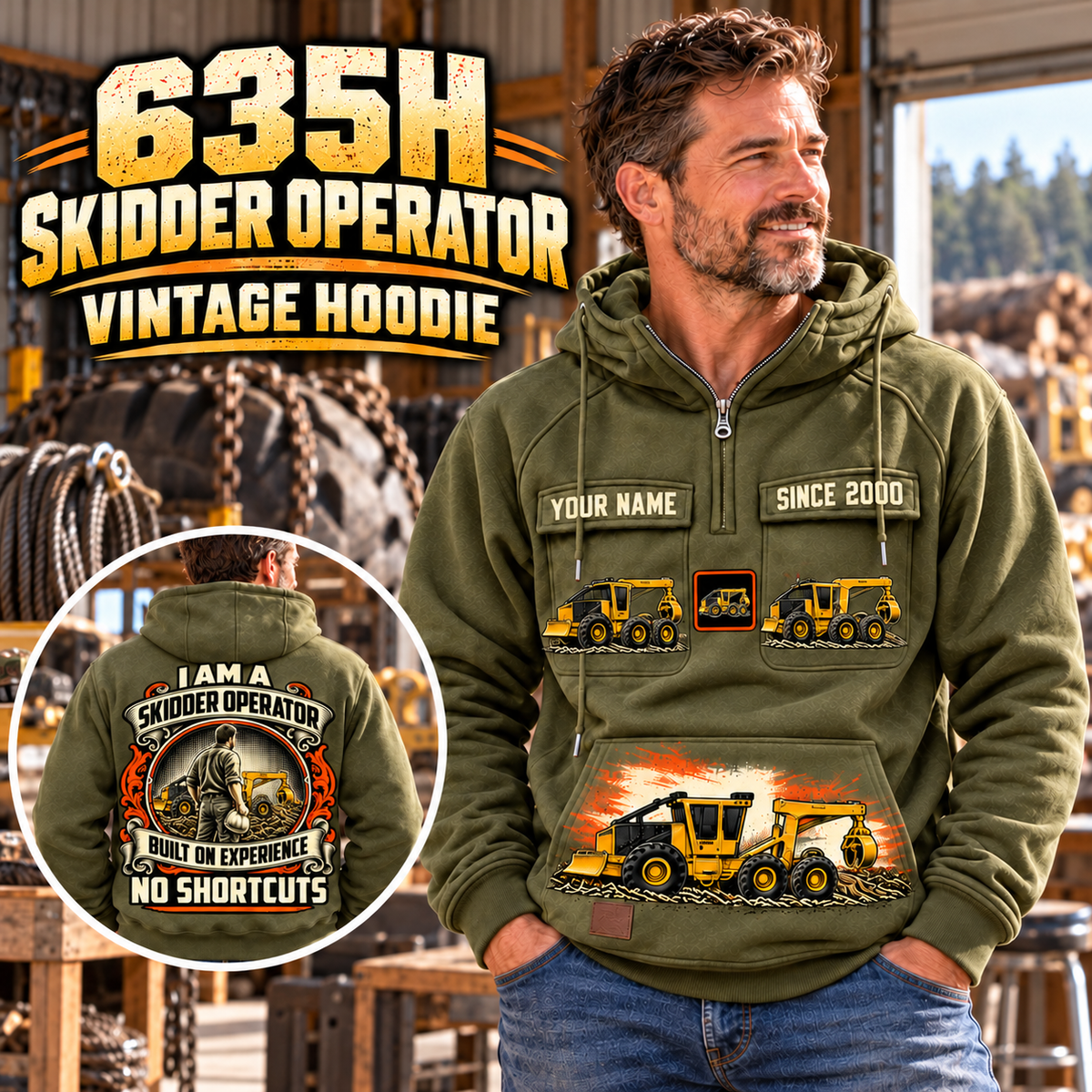 Personalized Tigercat 635H Skidder Operator Vintage Hoodie in Military Green, front and back artwork with YOUR NAME and SINCE 2000 sample text.