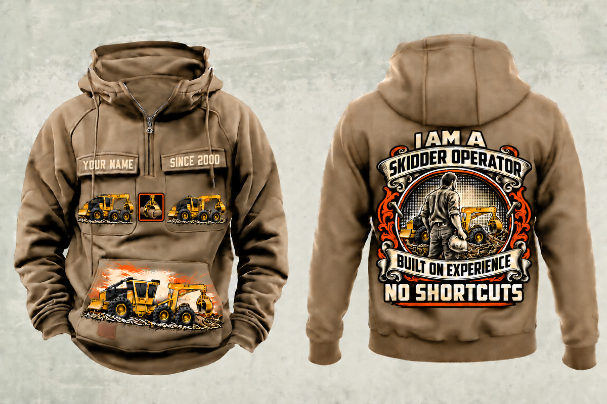 Personalized Tigercat 635H Skidder Operator Vintage Hoodie in kaki, front and back artwork with YOUR NAME and SINCE 2000 sample text.
