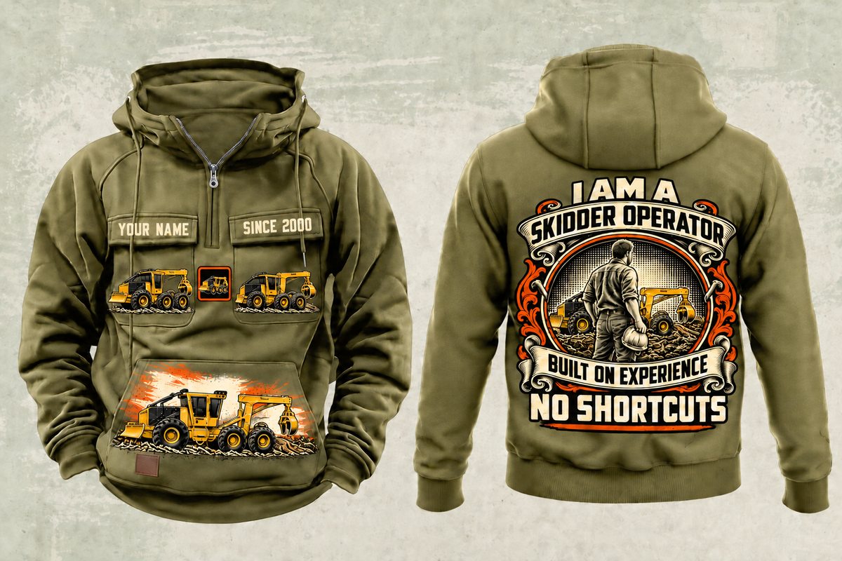 Personalized Tigercat 635H Skidder Operator Vintage Hoodie in military-green, front and back artwork with YOUR NAME and SINCE 2000 sample text.