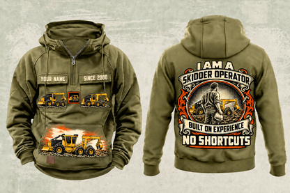 Personalized Tigercat 635H Skidder Operator Vintage Hoodie in military-green, front and back artwork with YOUR NAME and SINCE 2000 sample text.