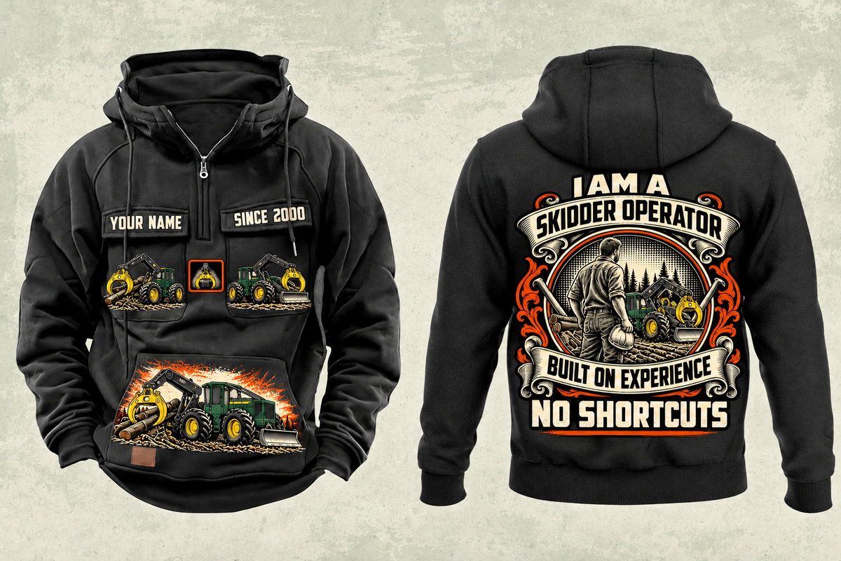 Personalized John Deere 748L-II Skidder Operator Vintage Hoodie in black, front and back artwork with YOUR NAME and SINCE 2000 sample text.