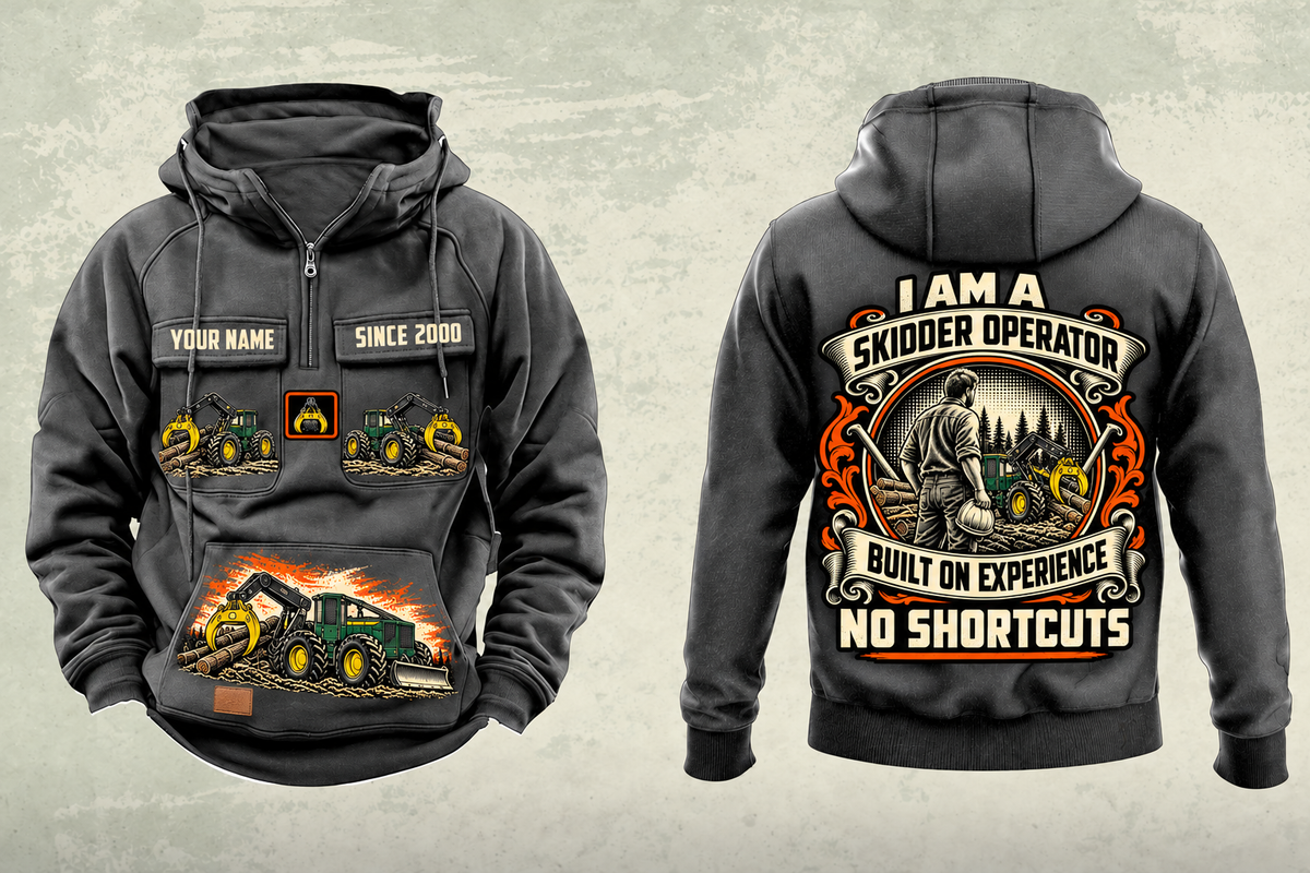 Personalized John Deere 748L-II Skidder Operator Vintage Hoodie in dark-gray, front and back artwork with YOUR NAME and SINCE 2000 sample text.