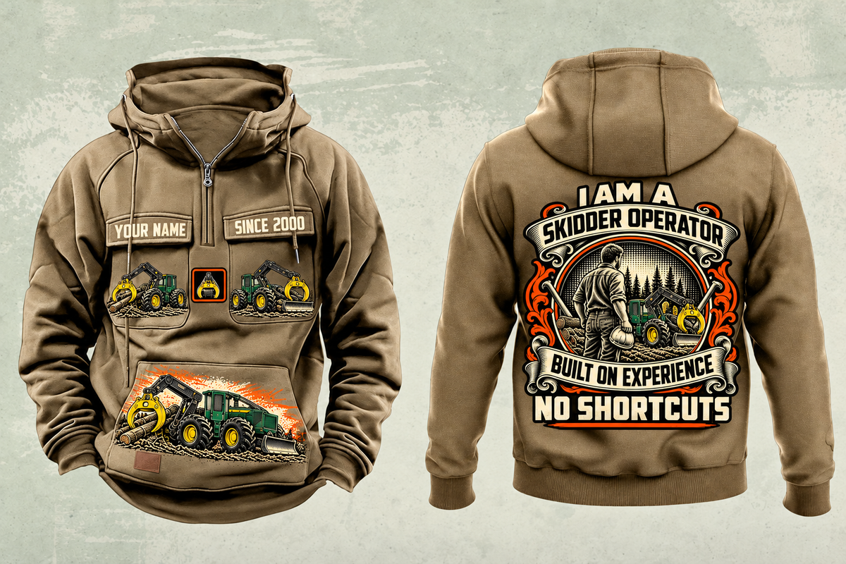Personalized John Deere 748L-II Skidder Operator Vintage Hoodie in kaki, front and back artwork with YOUR NAME and SINCE 2000 sample text.