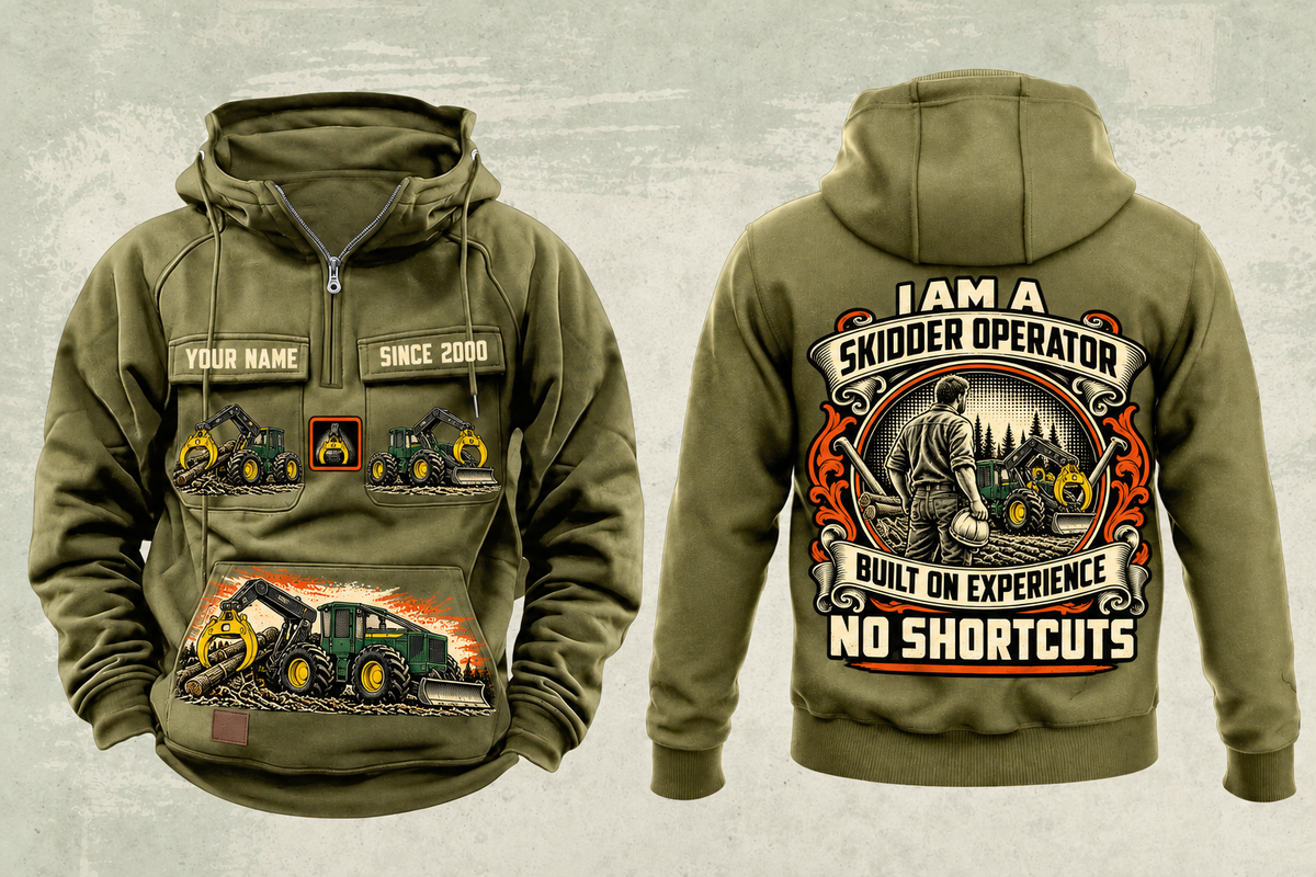 Personalized John Deere 748L-II Skidder Operator Vintage Hoodie in military-green, front and back artwork with YOUR NAME and SINCE 2000 sample text.