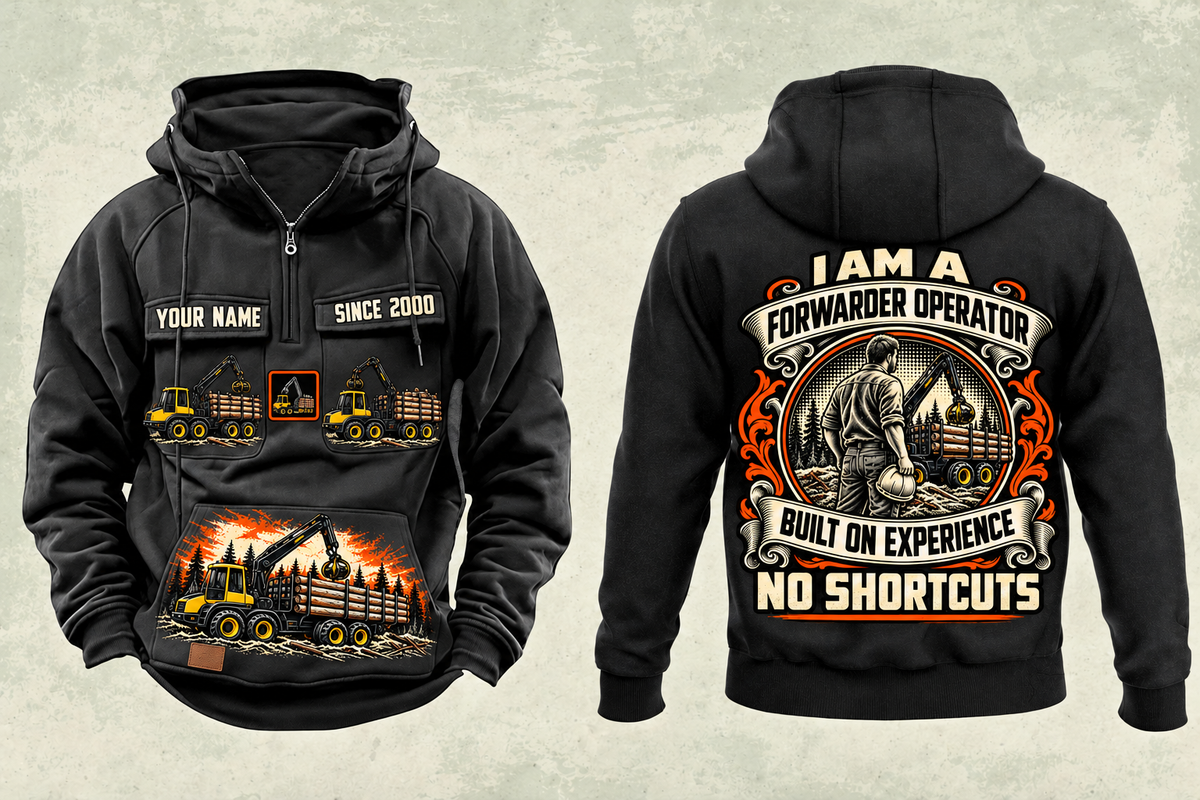 Personalized Ponsse Buffalo 8W Forwarder Operator Vintage Hoodie in black, front and back artwork with YOUR NAME and SINCE 2000 sample text.