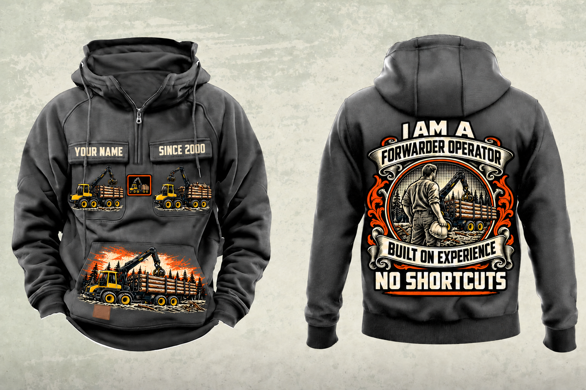 Personalized Ponsse Buffalo 8W Forwarder Operator Vintage Hoodie in dark-gray, front and back artwork with YOUR NAME and SINCE 2000 sample text.