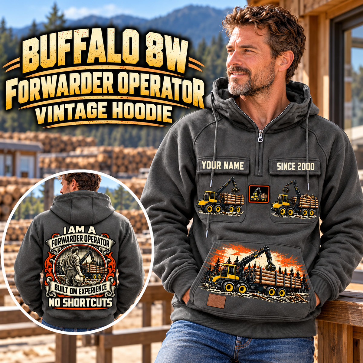 Personalized Ponsse Buffalo 8W Forwarder Operator Vintage Hoodie in Dark Gray, front and back artwork with YOUR NAME and SINCE 2000 sample text.