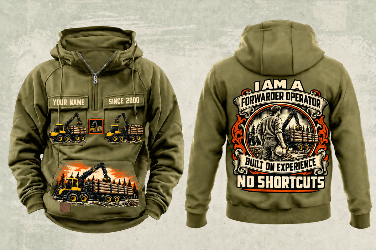 Personalized Ponsse Buffalo 8W Forwarder Operator Vintage Hoodie in military-green, front and back artwork with YOUR NAME and SINCE 2000 sample text.