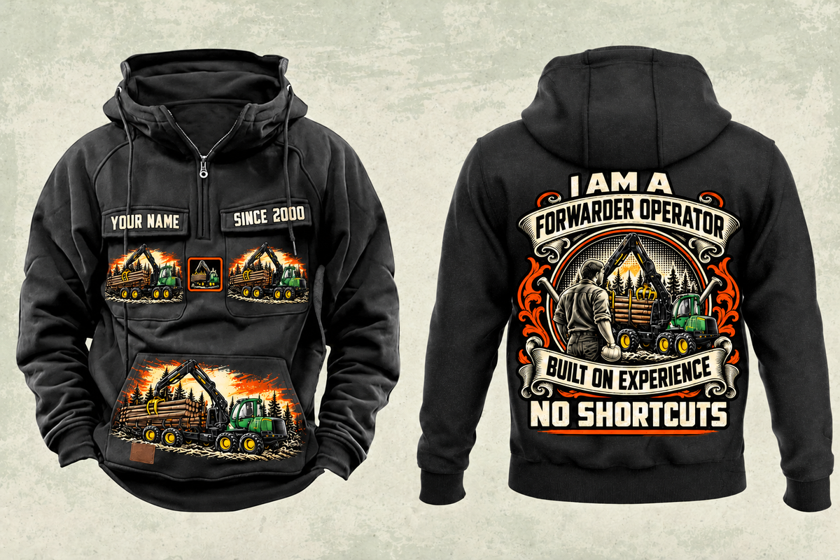 Personalized John Deere 1910G Forwarder Operator Vintage Hoodie in black, front and back artwork with YOUR NAME and SINCE 2000 sample text.