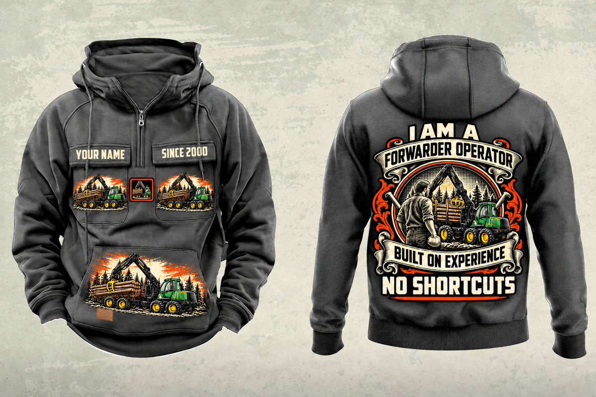 Personalized John Deere 1910G Forwarder Operator Vintage Hoodie in dark-gray, front and back artwork with YOUR NAME and SINCE 2000 sample text.