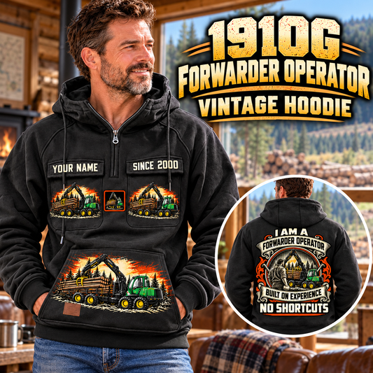 Personalized John Deere 1910G Forwarder Operator Vintage Hoodie in Black, front and back artwork with YOUR NAME and SINCE 2000 sample text.