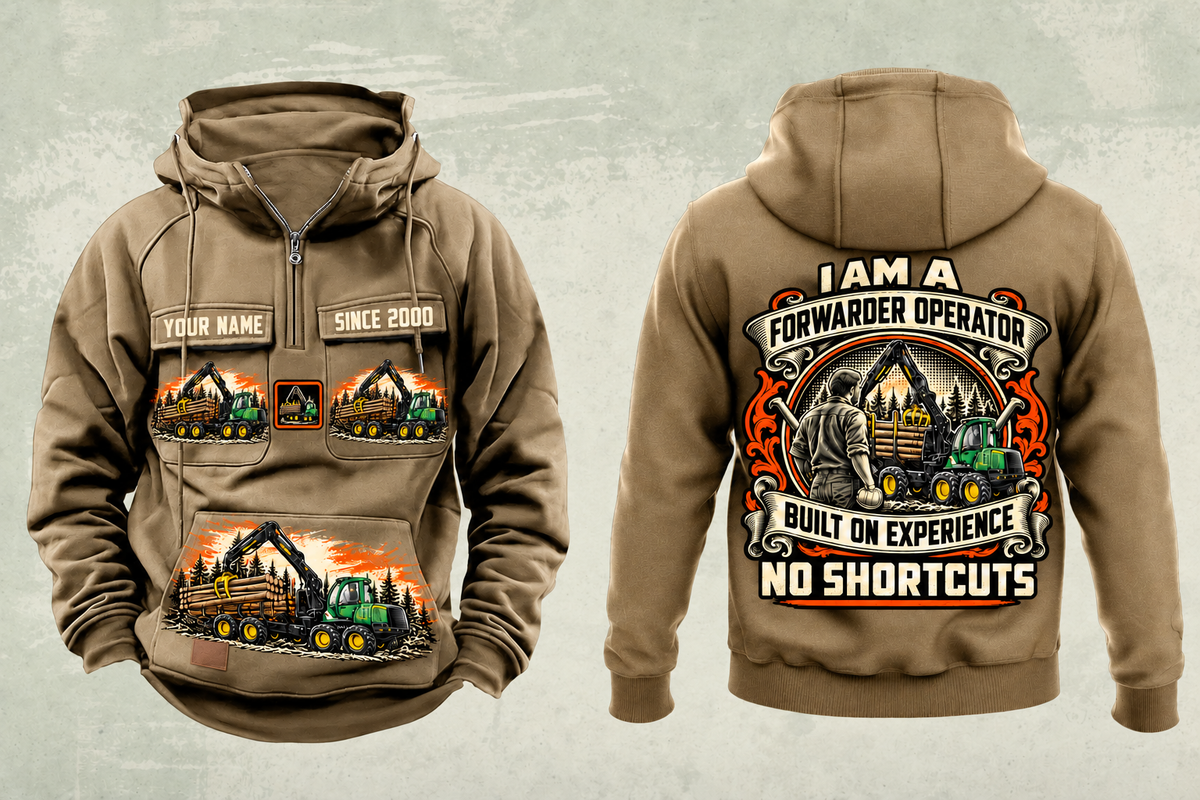 Personalized John Deere 1910G Forwarder Operator Vintage Hoodie in kaki, front and back artwork with YOUR NAME and SINCE 2000 sample text.