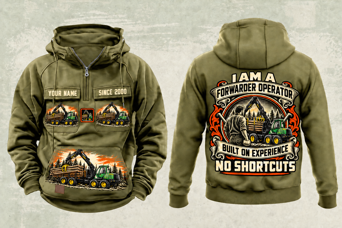 Personalized John Deere 1910G Forwarder Operator Vintage Hoodie in military-green, front and back artwork with YOUR NAME and SINCE 2000 sample text.