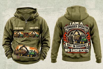 Personalized John Deere 1910G Forwarder Operator Vintage Hoodie in military-green, front and back artwork with YOUR NAME and SINCE 2000 sample text.