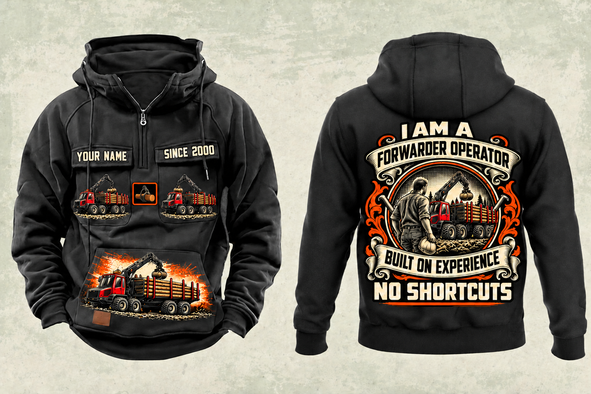 Personalized Komatsu 875 8WD Forwarder Operator Vintage Hoodie in black, front and back artwork with YOUR NAME and SINCE 2000 sample text.