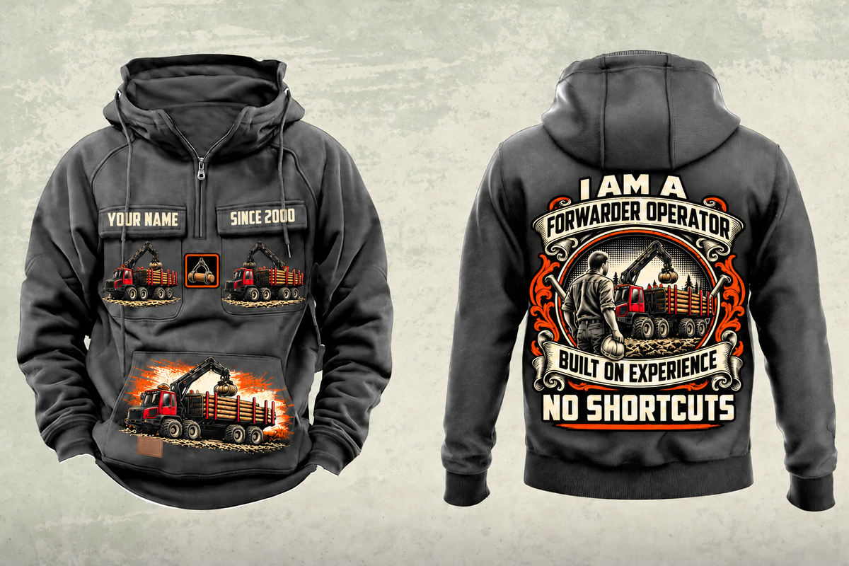 Personalized Komatsu 875 8WD Forwarder Operator Vintage Hoodie in dark-gray, front and back artwork with YOUR NAME and SINCE 2000 sample text.