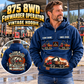 Personalized Komatsu 875 8WD Forwarder Operator Vintage Hoodie in Dark Blue, front and back artwork with YOUR NAME and SINCE 2000 sample text.