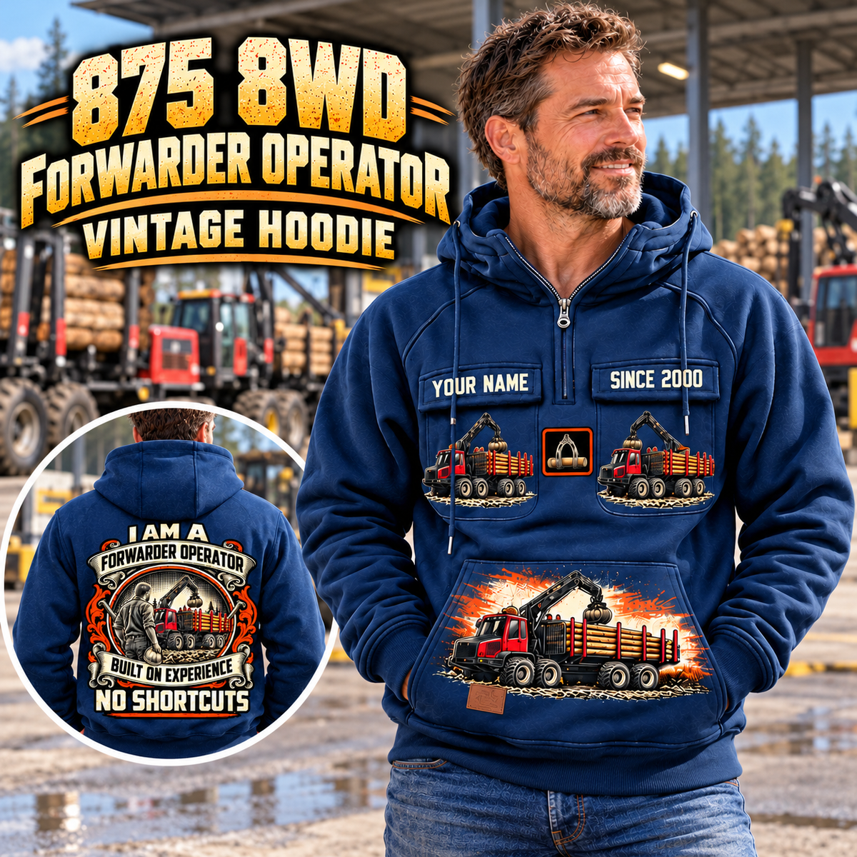 Personalized Komatsu 875 8WD Forwarder Operator Vintage Hoodie in Dark Blue, front and back artwork with YOUR NAME and SINCE 2000 sample text.