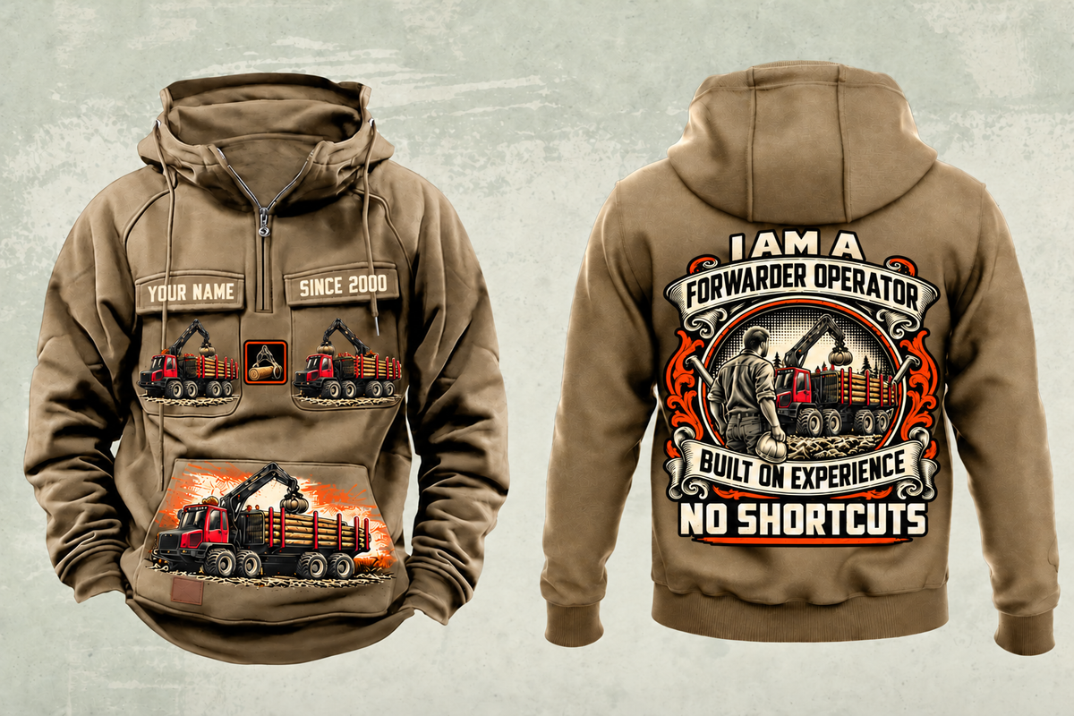 Personalized Komatsu 875 8WD Forwarder Operator Vintage Hoodie in kaki, front and back artwork with YOUR NAME and SINCE 2000 sample text.