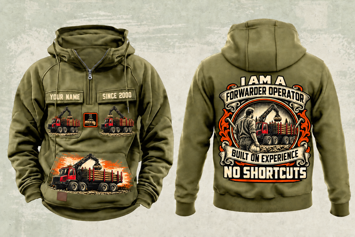 Personalized Komatsu 875 8WD Forwarder Operator Vintage Hoodie in military-green, front and back artwork with YOUR NAME and SINCE 2000 sample text.