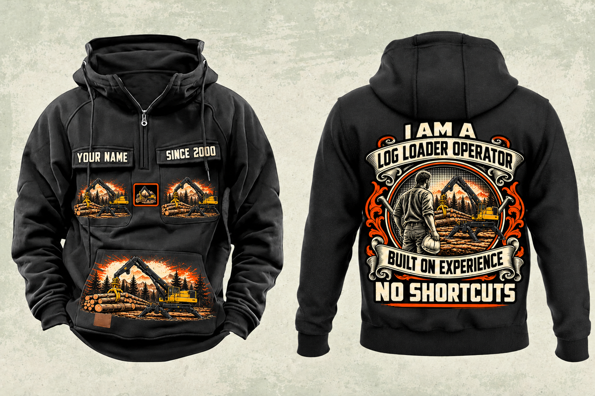 Personalized Tigercat 234C Log Loader Operator Vintage Hoodie in black, front and back artwork with YOUR NAME and SINCE 2000 sample text.