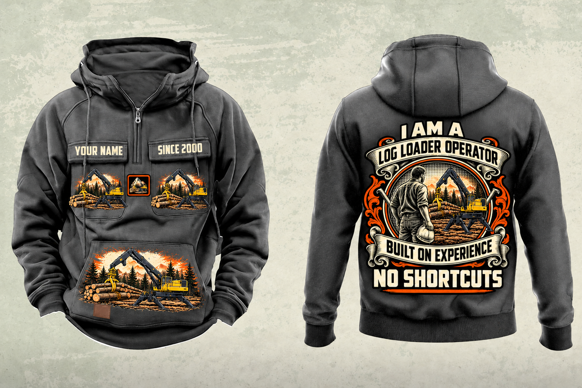 Personalized Tigercat 234C Log Loader Operator Vintage Hoodie in dark-gray, front and back artwork with YOUR NAME and SINCE 2000 sample text.